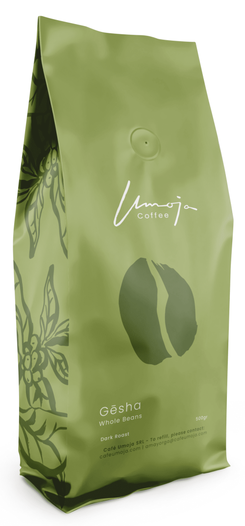 Umoja Coffee Gēsha Blend, 500g Dark Roast Whole Beans. The packaging has a clean and minimalistic design featuring a large coffee bean symbol, highlighting the high-quality whole bean offering.