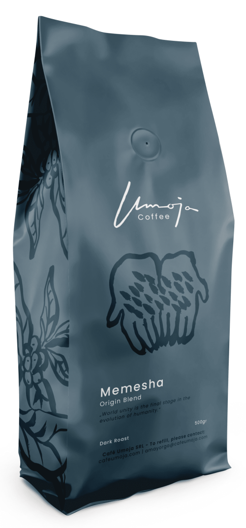 Umoja Coffee Memesha Blend, 500g Dark Roast, Origin Blend. The packaging features an illustration of two hands and a message: 'World unity is the final stage in the evolution of humanity,' emphasizing the brand’s focus on unity and global connection.