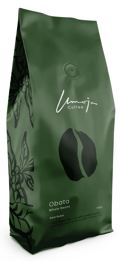 Umoja Coffee Obata Blend, 500g Dark Roast Whole Beans. The packaging has a simple, natural design featuring a large coffee bean icon, emphasizing the whole bean offering.