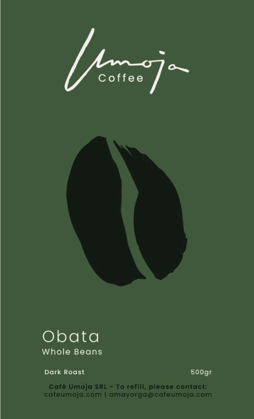 Umoja Coffee Obata Blend, 500g Dark Roast Whole Beans. The packaging has a simple, natural design featuring a large coffee bean icon, emphasizing the whole bean offering.