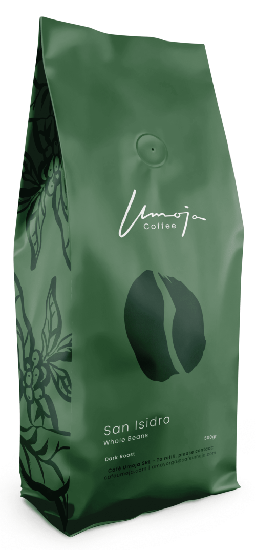 Umoja Coffee San Isidro Blend, 500g Dark Roast Whole Beans. The packaging features a minimalist design with a large coffee bean illustration, emphasizing its whole bean format.