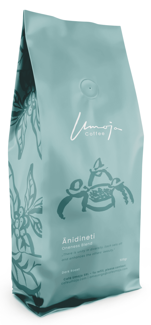 Umoja Coffee Ānidineti Blend, 500g Dark Roast, with an illustration emphasizing unity in diversity.