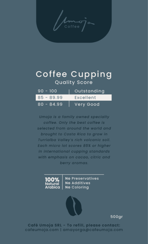 Umoja Coffee Cupping Score card with a dark background highlighting the coffee quality score range from Outstanding to Very Good, with the specific coffee scoring 'Excellent.' Includes details about the coffee origin and quality standards.