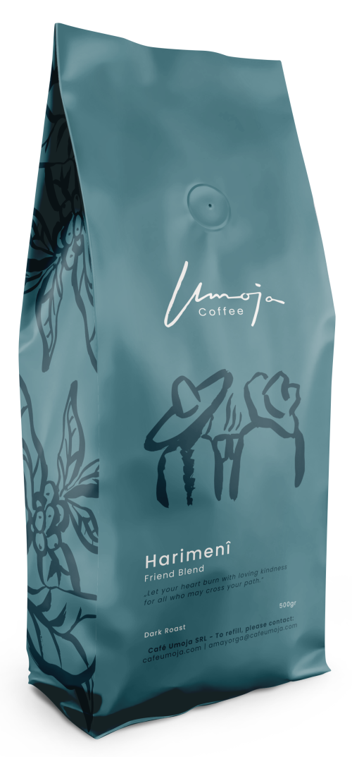 Umoja Coffee Harimeni Blend, 500g Dark Roast, Friend Blend, with a design focusing on unity and global connection.