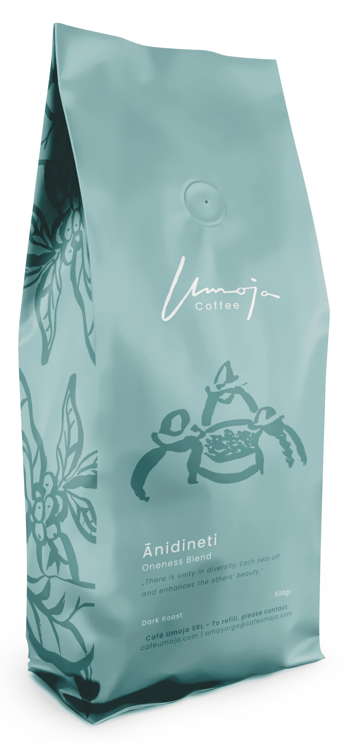 Umoja Coffee Ānidineti Blend, 500g Dark Roast, Oneness Blend. The packaging features an illustration with the message: 'There is unity in diversity. Each sets off and enhances the others’ beauty.'