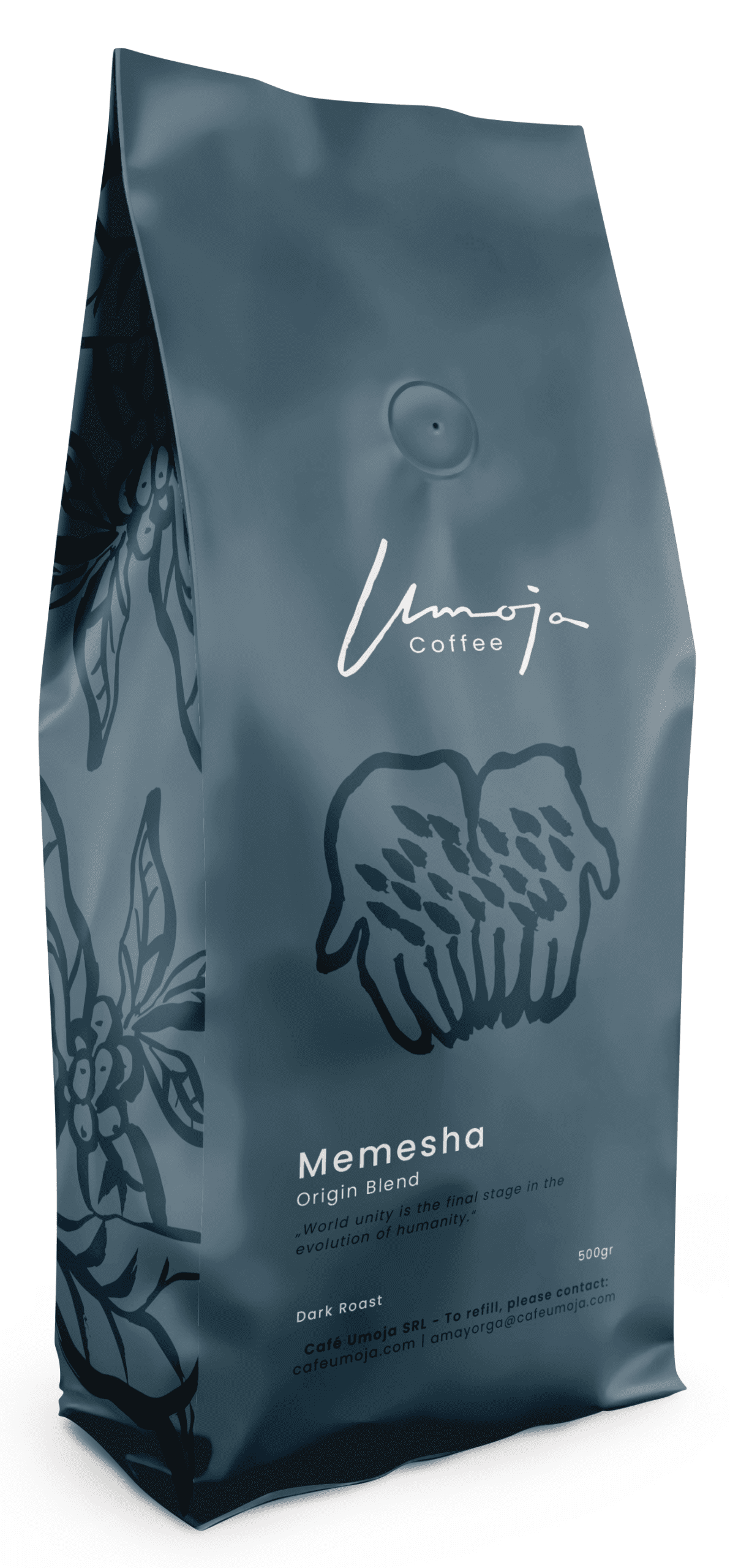 Umoja Coffee Memesha Blend, 500g Dark Roast, Origin Blend. The packaging displays an artistic illustration with the phrase 'World unity is the final stage in the evolution of humanity.'